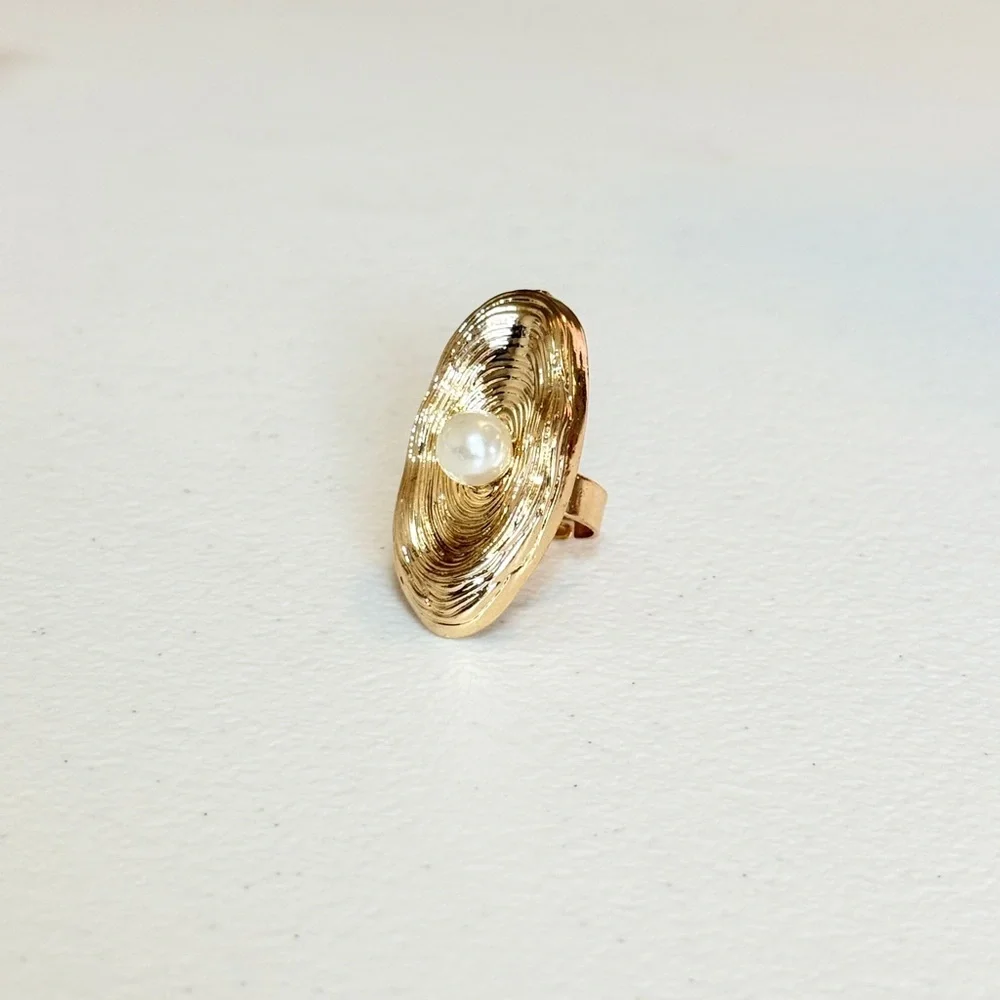 Gold Textured Ring with White Pearl - Women Jewelry